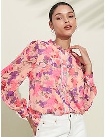 Floral Print Chiffon Shirt Long Sleeve Notched Neckline Pink Buttoned Blouse