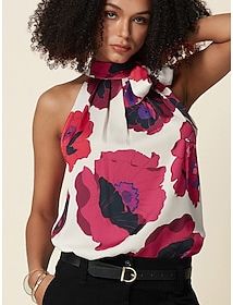 Floral Print Halter Top Shirt Tank Top Casual Stain Tie Neck Sleeveless Vest