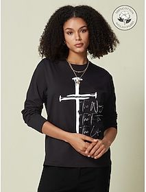 100% Cotton Cross Print Letter Women's Casual Daily T shirt Long Sleeve Crew Neck T shirt Outdoor