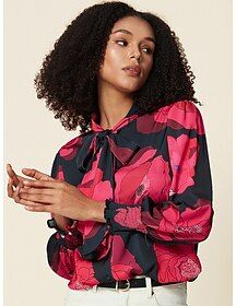 Tie Bow Neck Stain Blouse Watercolor Floral Print Blouson-sleeve Shirt for Spring Fall