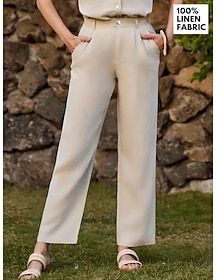 100% Linen Women's Pants Trousers Straight Full Length Linen Slacks Breathable And Soft Luxurious Linen Pocket High Cut High Waist Classic Casual Daily Wear Be