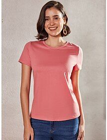 100% Cotton Women's Summer Tops Casual Round-Neck Basic Tops Short Sleeve Plain Comfortable T-Shirt