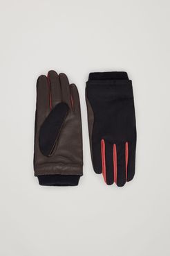 WOVEN-LEATHER CONTRAST PANEL GLOVES