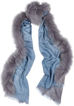 Blue fur-trimmed wool scarf