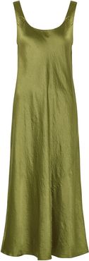 Olive crinkled satin midi dress