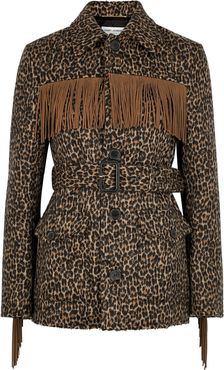 Leopard-print fringed wool-blend jacket