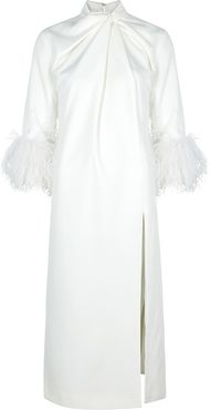 Fujiko white feather-trimmed midi dress