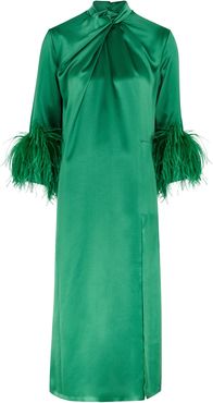 Fujiko green feather-trimmed satin midi dress