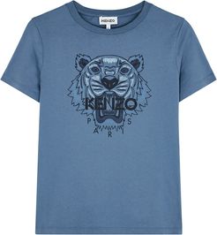 Blue tiger-print cotton T-shirt