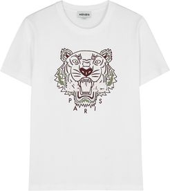 White tiger-embroidered cotton T-shirt