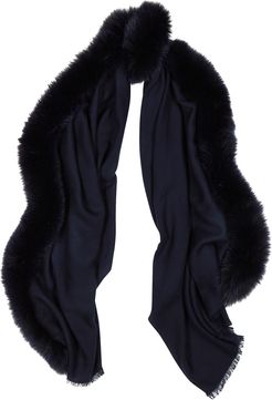 Navy fur-trimmed wool scarf