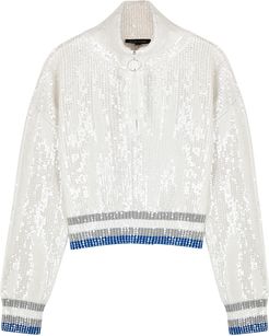 White sequinned cotton half-zip jumper