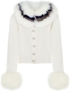 White fur-trimmed wool and cashmere-blend cardigan