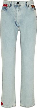 Light blue appliquéd straight-leg jeans