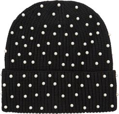 Black faux pearl-embellished ribbed beanie