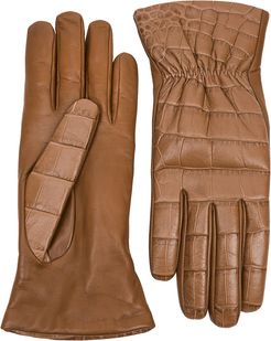 Brown crocodile-effect leather gloves