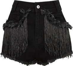 Black fringed denim shorts