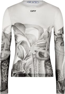 Botanical-print stretch-mesh top