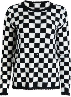 Distressed Checkerboard Cashmere Crew Sweater