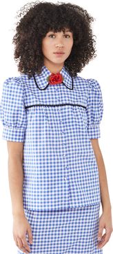 Gingham Puff Sleeve Blouse with Lace Trim