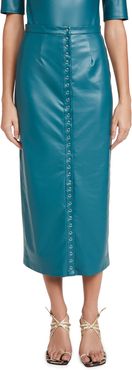 Stretch Faux Leather Snap Front Midi Pencil Skirt