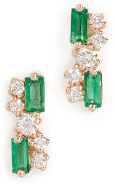 18k Yellow Gold Fireworks Emerald Stud Earrings