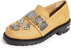 Embellished Raffia Loafers