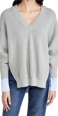 Bi-Layer V Neck Pullover with Oxford Shirting