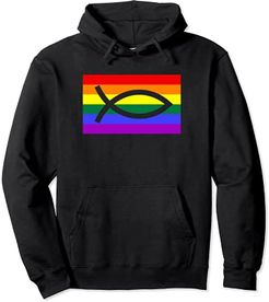 Christian Ally Jesus Fish LGBTQ Gay Pride Flag Stuff Queer Felpa con Cappuccio