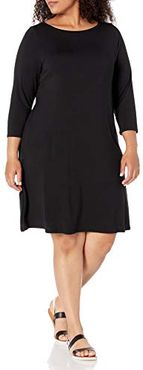 Plus Size 3/4 Sleeve Boatneck Dress Vestito, Nero, Motivo Scozzese, XL