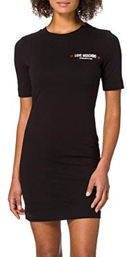 Soft Stretch Cotton Fleece Fitted Dress with Elbow Length Sleeves And Round Neck Abito Casual, Nero, 48 Donna