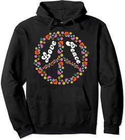 Love & Peace Sign Retro 60s 70s Colorful Hippie Flowers Felpa con Cappuccio