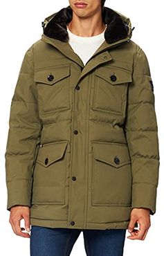Removable Fur Hooded Parka Giacca, Utility Olive, S Uomo