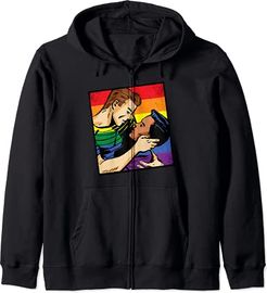 Gay Men Kiss & Embrace Rainbow Pride Flag Color Comic Panel Felpa con Cappuccio
