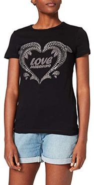 Slim Fit T-Shirt Short-Sleeves, Personalised with Dolphins And Logo hotfix 3D Silver Studs, Black, 40 Donna