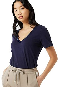 V-Neck Tee with Piping Detail T-Shirt, Blu (Navy 0004), Medium Donna