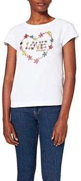 Boxy Fit T-Shirt Short-Sleeves Personalised with a Multicolor Starfish Heart And Logo Transfer Print, Optical White, 48 Donna