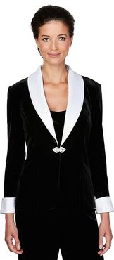 Velvet Twinset w/ Contrast Satin Contrast Collar and Cuffs (Black/White) Women's Clothing