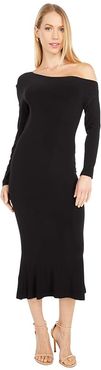 Long Sleeve Drop Shoulder Fishtail Dress To Midcalf (Black) Women's Clothing