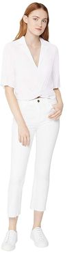 Cropped Twist Front Boyfriend Sleeve Woven Top - THC1271508 (Optic White) Women's Clothing