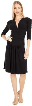 Shirred Sleeve V-Neck Shirred Waist Dress w/ Shoulder Pad (Black) Women's Clothing