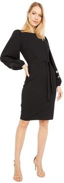 Belted Dress with Illusion Sleeve Detail (Black) Women's Dress