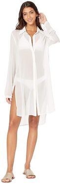 Long Shirt Cover-Up w/ Tie Front Detail (White) Women's Swimwear