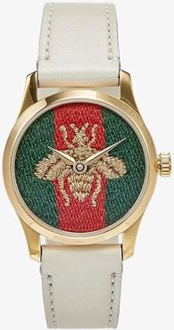 Yellow Gold PVD Case, Nylon Dial with Embroidered Gold Bee, White Leather Strap (White/Green/Red) Watches