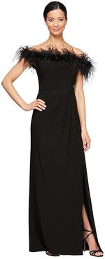 Long Off-the-Shoulder Gown w/ Maribou Detail (Black) Women's Clothing