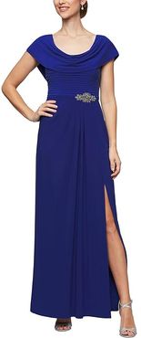 Long Cowl Neck A-Line Dress with Beaded Detail at Waist (Dark Royal) Women's Dress