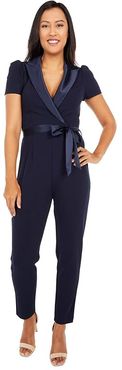 Suited Crepe Jumpsuit with Short Sleeves, Slim Pants, and Stretch Charmeuse Collar (Midnight) Women's Jumpsuit & Rompers One Piece