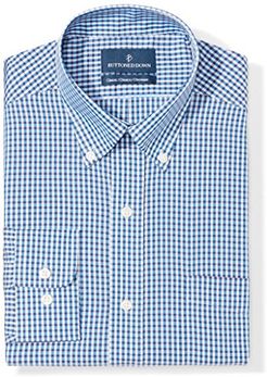 Classic Fit Button Collar Pattern Dress Shirt Camicia, Blu (Blue/Brown Check), 17" Neck 32" Sleeve