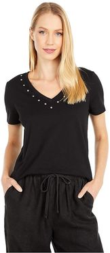 Short Sleeve Studded V-Neck Top (Rich Black) Women's Clothing