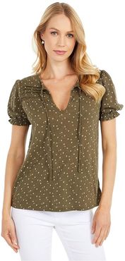 Printed V-Neck Blouse (Olive Multi) Women's Clothing